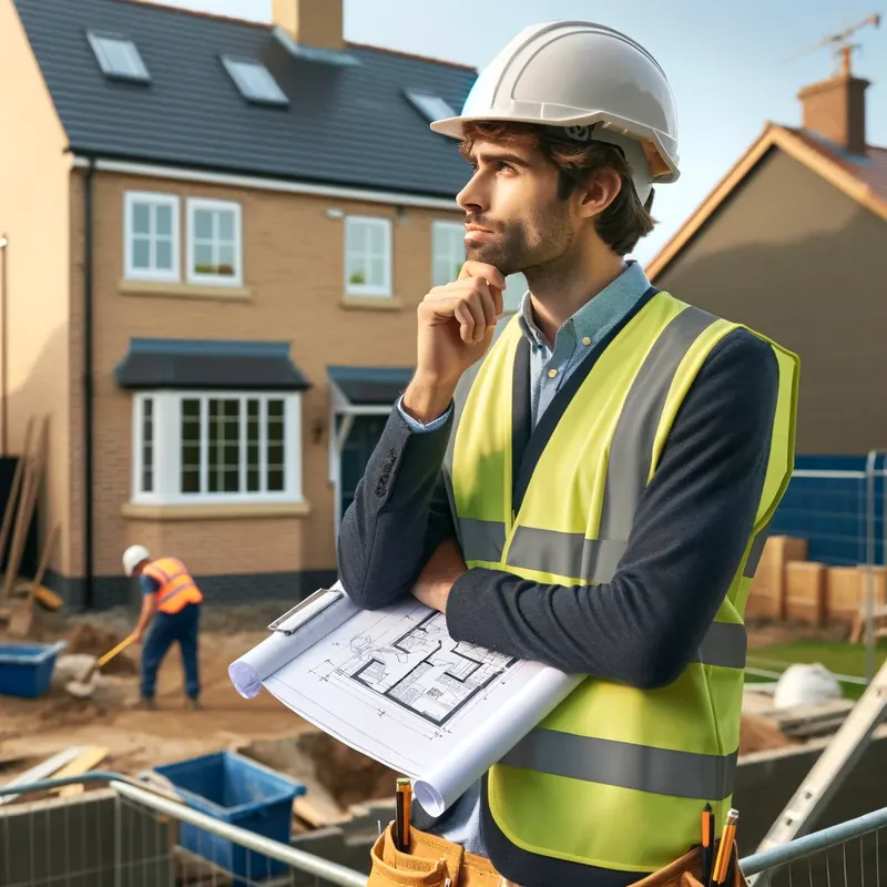 Illustration of a builder in a hard hat and hi-vis jacket reviewing plans on a residential building site