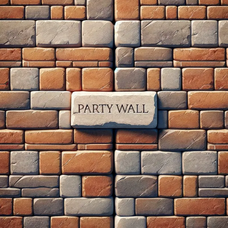Illustration of a brick party wall with a 'Party Wall' plaque